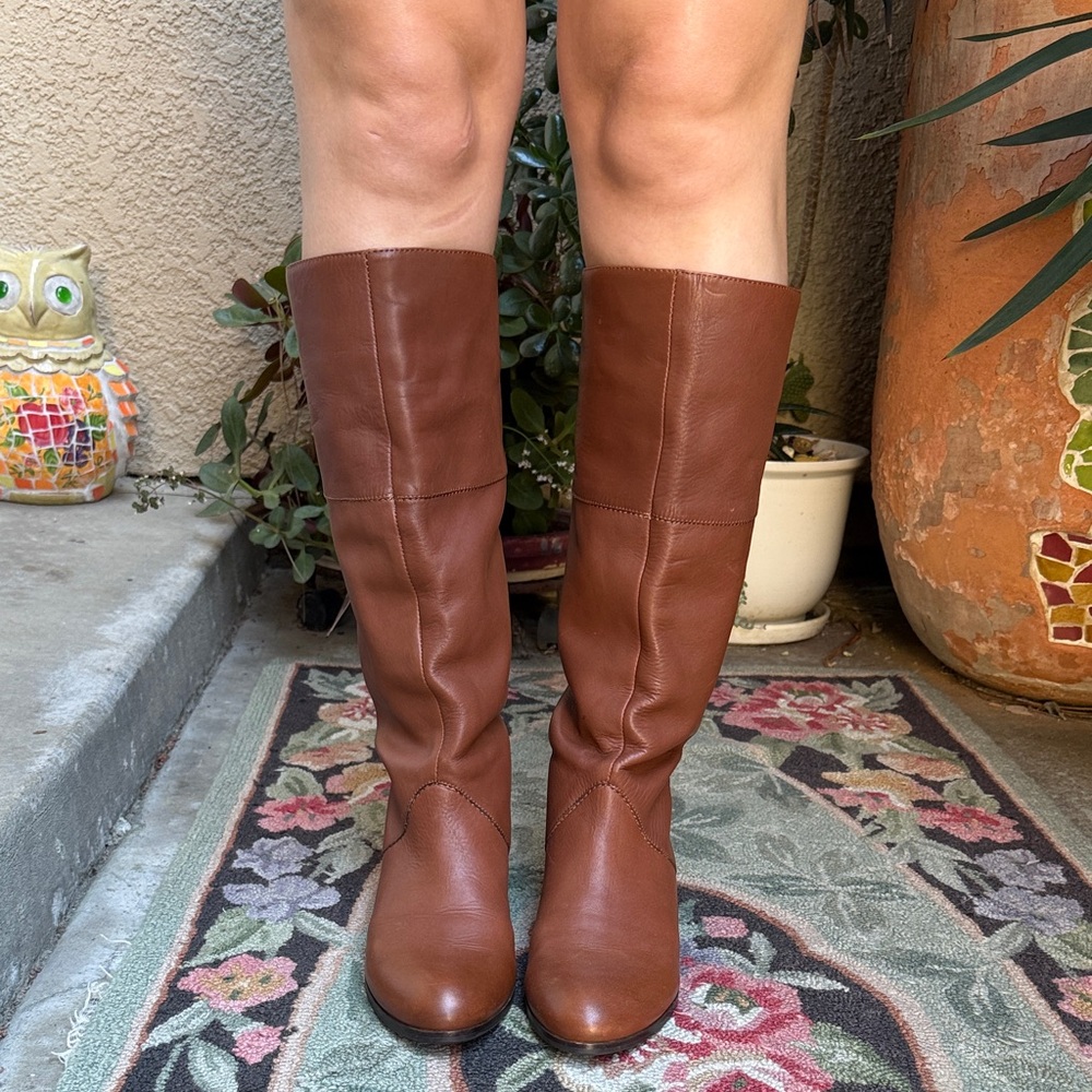 Nicole Tall Brown Leather Pull On Riding Boots with Studs on the Back